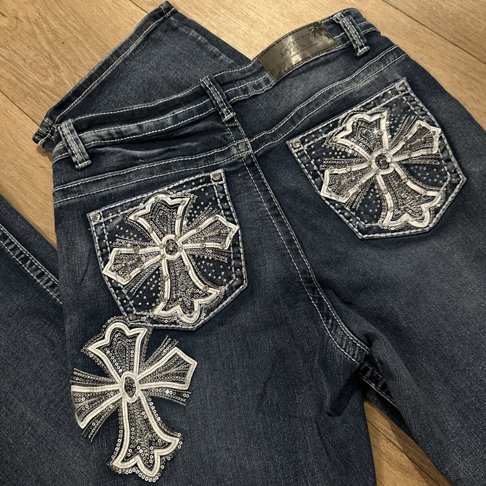 Sky Junior's Premium Low Rise Flare Cross Design Studded Pocket Jeans 13/14 NEW